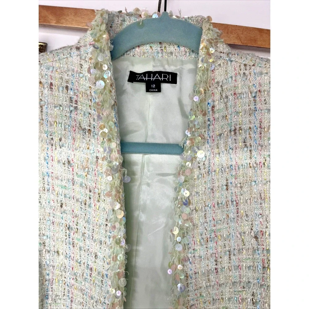 Tahari 2 Pc Boucle Tweed Skirt Suit Set Size 12 Sequin Trim Pastel Career - Picture 3 of 16